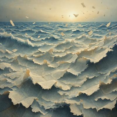 The primary subject of the image is a painting of a large body of water with waves. The setting is a vast ocean, and the visual style is a combination of digital art and illustration. The colors and mood of the painting are predominantly blue and white, creating a serene and calming atmosphere.